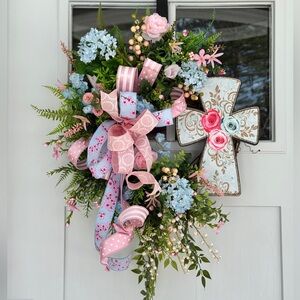 Pink and Blue Floral Easter Wreath with Cross